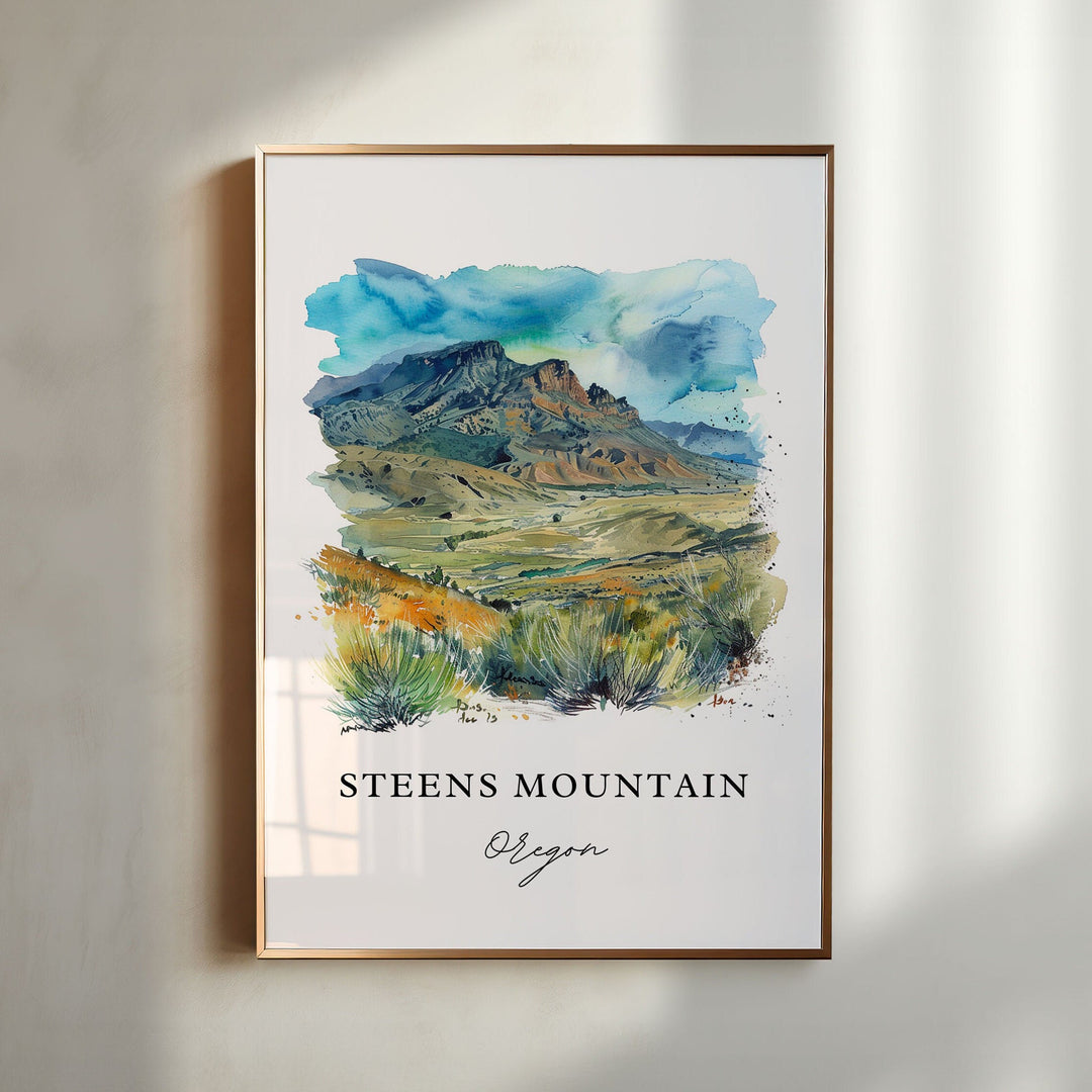 Steens Mountain Oregon watercolor wall art in a gold frame featuring rugged high desert cliffs, sweeping sagebrush valleys, and soft blue mountain skies.