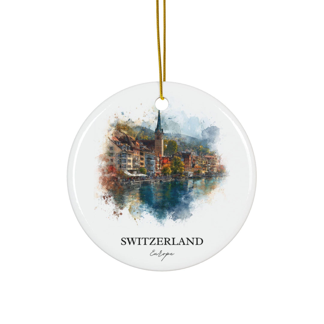 Switzerland Europe white holiday ornament featuring a watercolor lakeside village with historic architecture, church spire, and peaceful waterfront views.