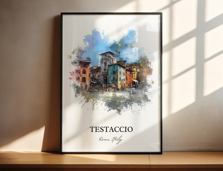 Testaccio Rome Italy watercolor wall art in a black frame celebrates the neighborhood&