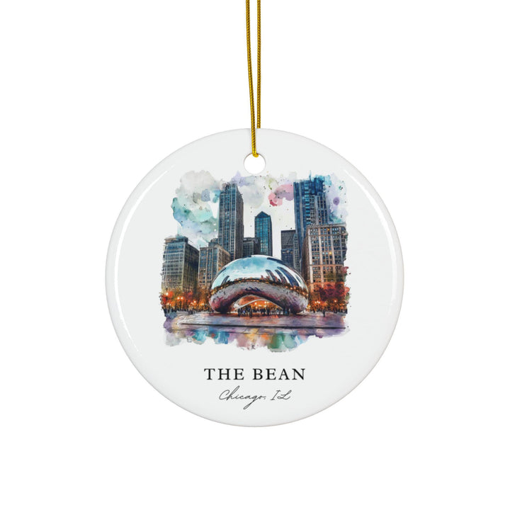 The Bean Chicago watercolor ornament featuring Cloud Gate, the Chicago skyline, and vibrant watercolor detail in a timeless keepsake design.