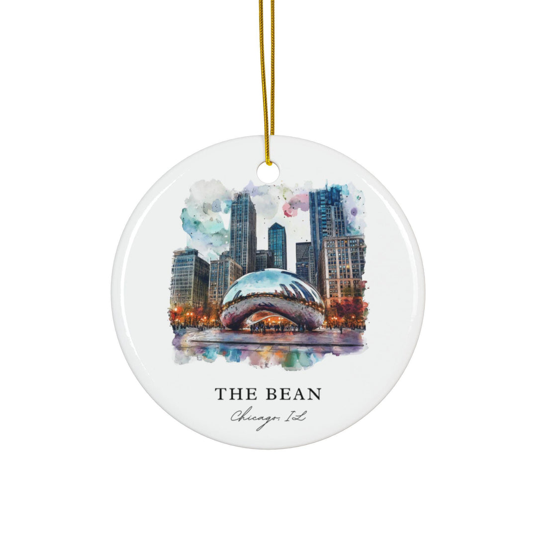 The Bean Chicago watercolor ornament featuring Cloud Gate, the Chicago skyline, and colorful watercolor detail in a timeless keepsake design.