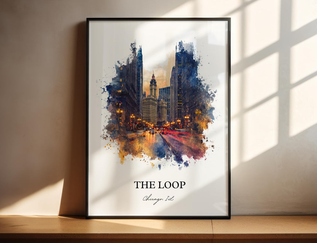 The Loop Chicago watercolor wall art in a black frame captures the energy of downtown with iconic architecture, glowing city lights, and expressive watercolor detail.
