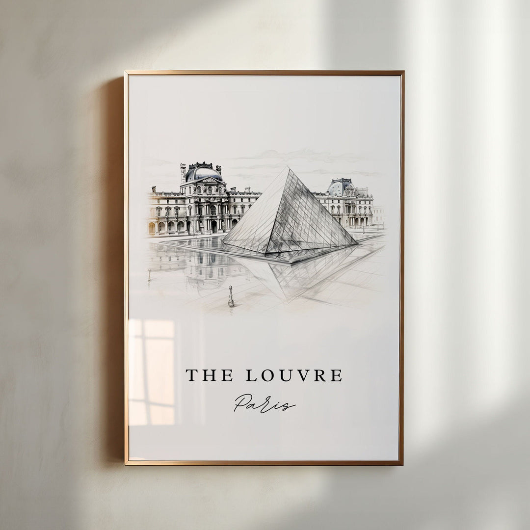The Louvre Paris sketch wall art in a gold frame featuring the iconic glass pyramid and historic museum architecture in elegant monochrome.