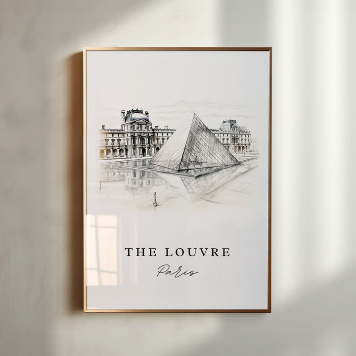 The Louvre Paris sketch wall art in a gold frame featuring the iconic glass pyramid and historic museum architecture in elegant monochrome.