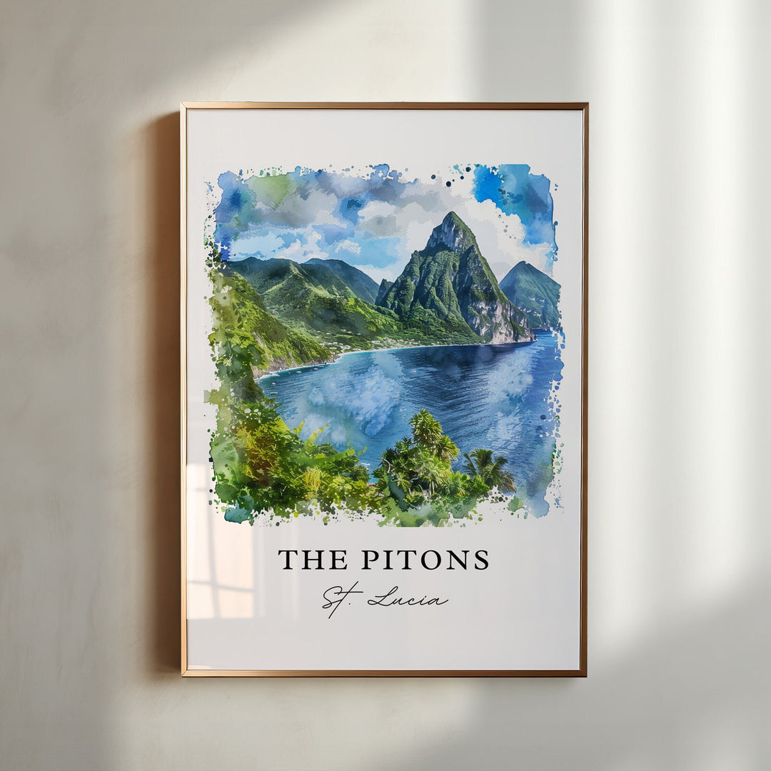 Watercolor The Pitons St. Lucia wall art in a light wood frame featuring the iconic volcanic peaks and turquoise Caribbean coast, a tropical landscape print.