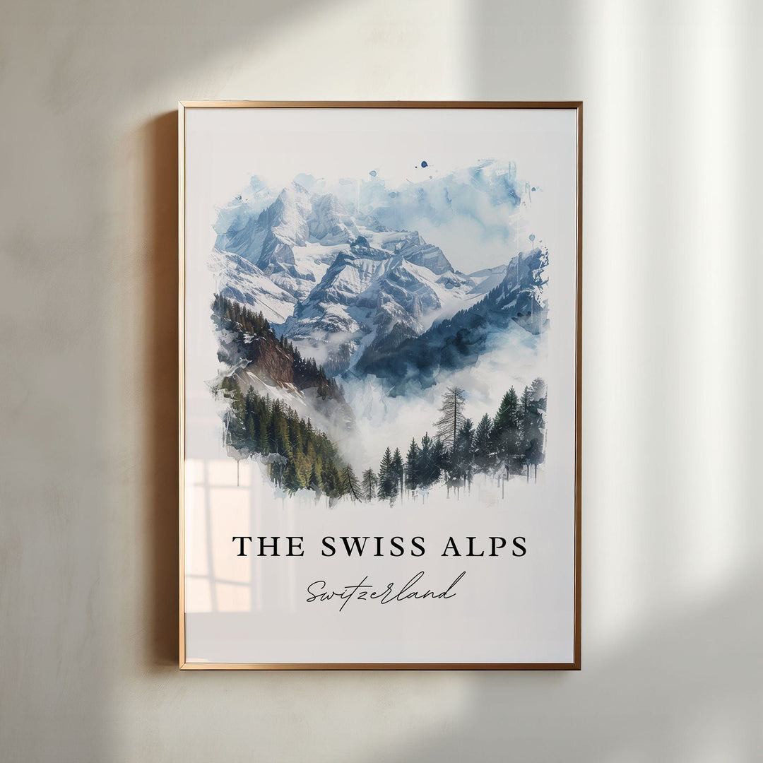 The Swiss Alps Switzerland watercolor wall art in a gold frame featuring majestic snowcapped peaks, misty forests, and cool blue alpine tones.