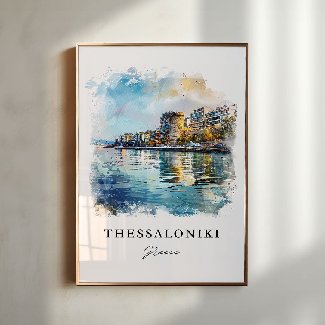 Thessaloniki Greece watercolor wall art in a gold frame showcases the White Tower and scenic waterfront with vibrant coastal Mediterranean charm.