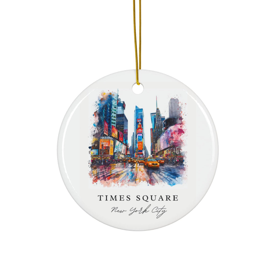 Times Square New York City holiday ornament with a white ceramic finish featuring vibrant billboards, yellow taxis, and a gold hanging cord.