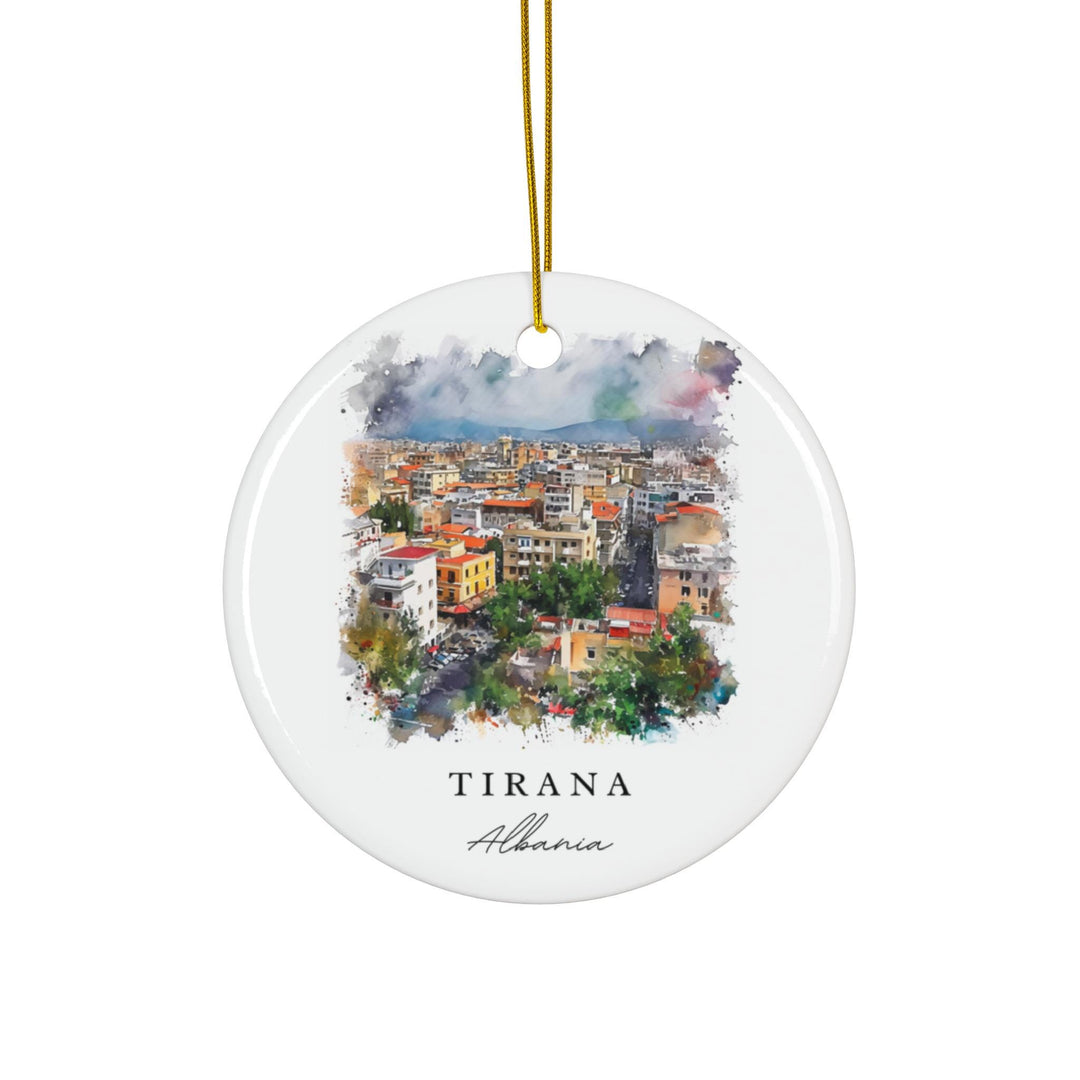 This watercolor ornament celebrates Tirana's vibrant spirit, where colorful streets, mountain horizons, and a renewed energy reflect the heart of modern Albania.