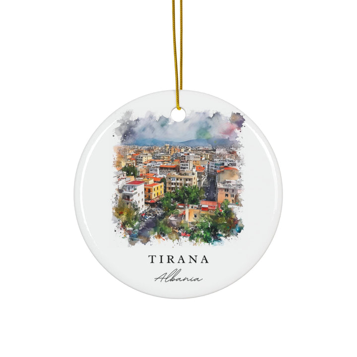 This watercolor ornament celebrates Tirana's vibrant spirit, where colorful streets, mountain horizons, and a renewed energy reflect the heart of modern Albania.