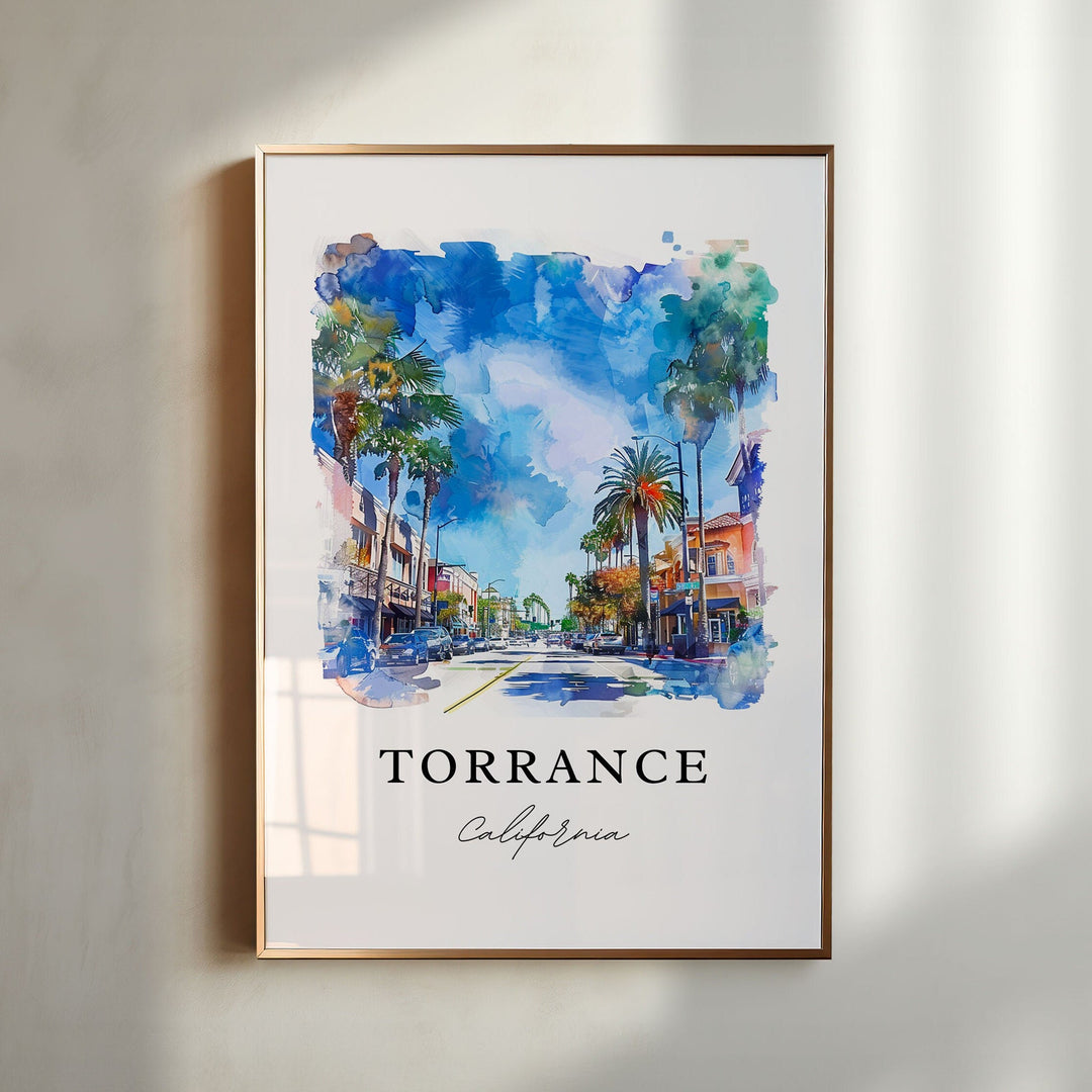 Torrance California watercolor wall art in a gold frame featuring palm-lined streets, sunny downtown storefronts, and vibrant Southern California colors.