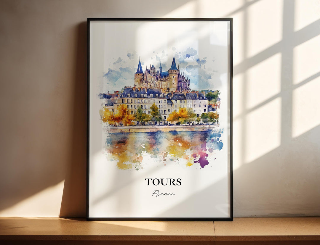 Tours France watercolor wall art in a black frame featuring the historic skyline, cathedral towers, riverside reflections, and warm autumn colors.