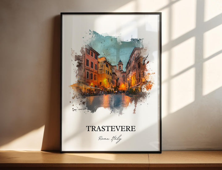 Trastevere Rome Italy watercolor wall art in a black frame captures glowing evening streets with rich color and welcoming neighborhood charm.