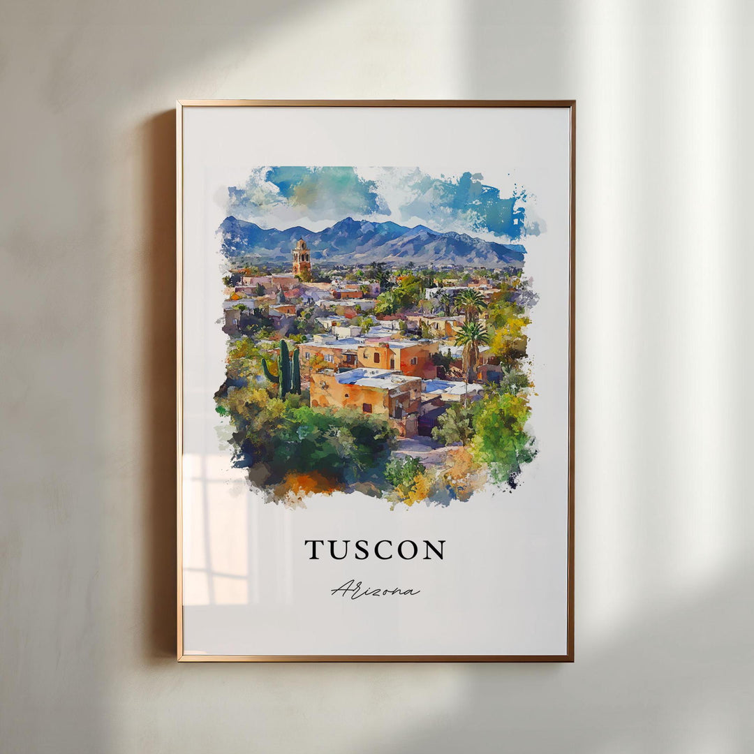 Tucson Arizona watercolor wall art in a gold frame featuring colorful adobe homes, desert cacti, mountain views, and vibrant Southwestern colors.