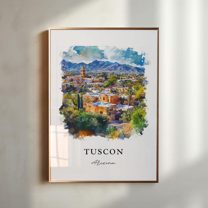 Tucson Arizona watercolor wall art in a gold frame featuring colorful adobe homes, desert cacti, mountain views, and vibrant Southwestern colors.