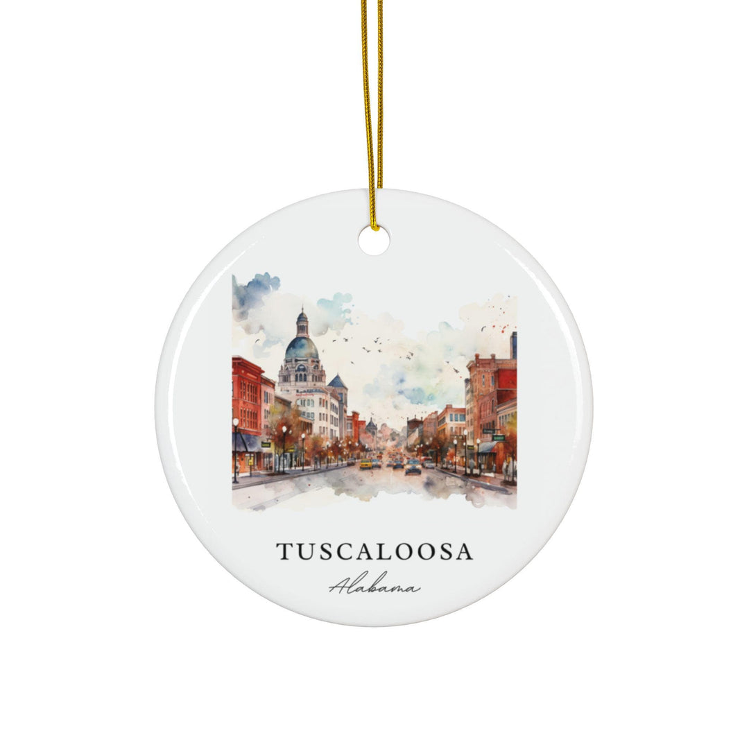 Tuscaloosa Alabama white holiday ornament featuring a watercolor downtown streetscape with the Historic County Courthouse and charming city views.