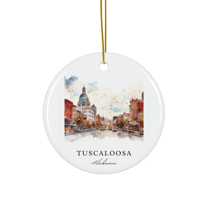 Tuscaloosa Alabama white holiday ornament featuring a watercolor downtown streetscape with the Historic County Courthouse and charming city views.