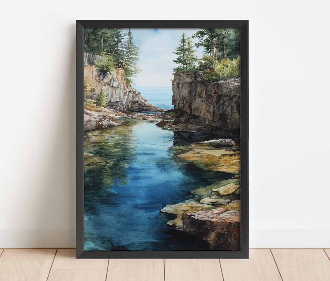 Rocky Shore Michigan watercolor wall art featuring crystal-clear water, rugged cliffs, and peaceful pine forests in a timeless watercolor design.