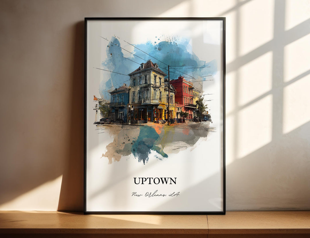 Uptown New Orleans watercolor wall art featuring colorful historic homes and neighborhood charm in a timeless décor print.