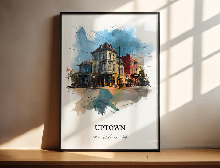 Uptown New Orleans watercolor wall art featuring colorful historic homes and neighborhood charm in a timeless décor print.