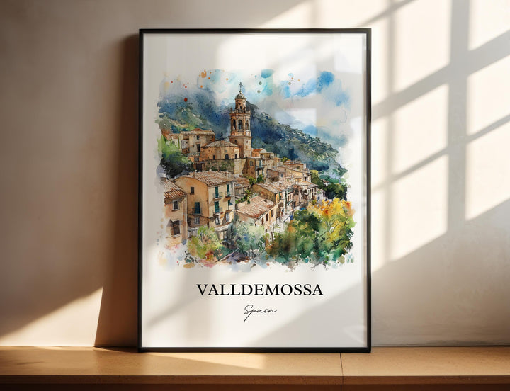 Valldemossa glows with golden rooftops, a graceful church tower, and lush mountain views.