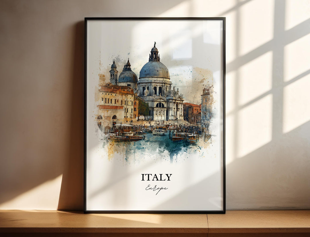 Italy watercolor wall art in a black frame features Venice&