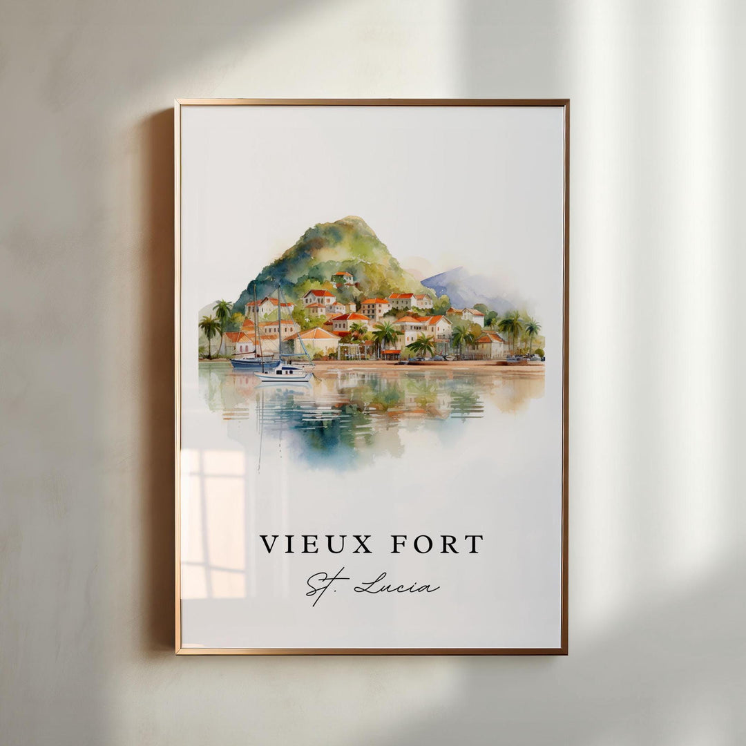 Watercolor Vieux Fort Harbor wall art in a light wood frame featuring colorful waterfront homes, sailboats, and lush St. Lucia scenery, a tropical coastal print.
