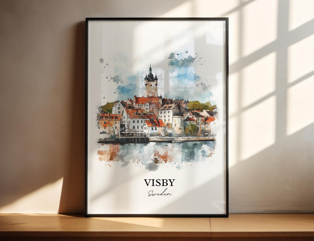 Soft watercolor rendering of Visby's medieval waterfront.