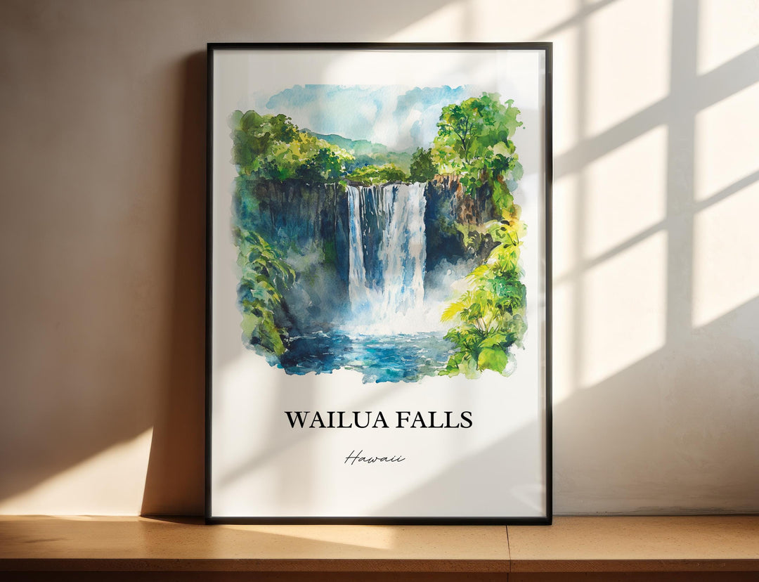 Wailua Falls Hawaii watercolor wall art in a black frame featuring a cascading tropical waterfall surrounded by lush greenery and vibrant blue waters.