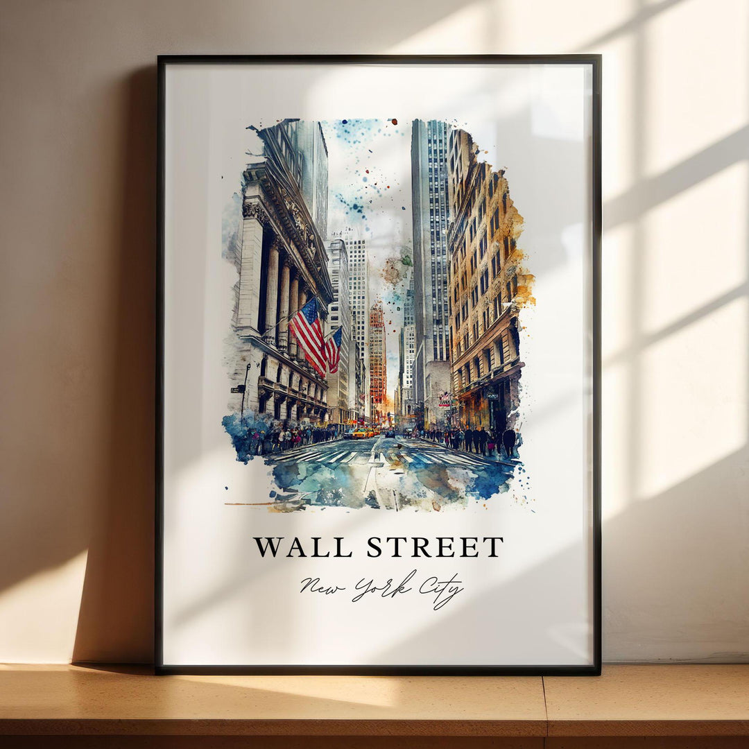 Wall Street New York City watercolor wall art in a black frame highlights the iconic financial district with classic architecture.