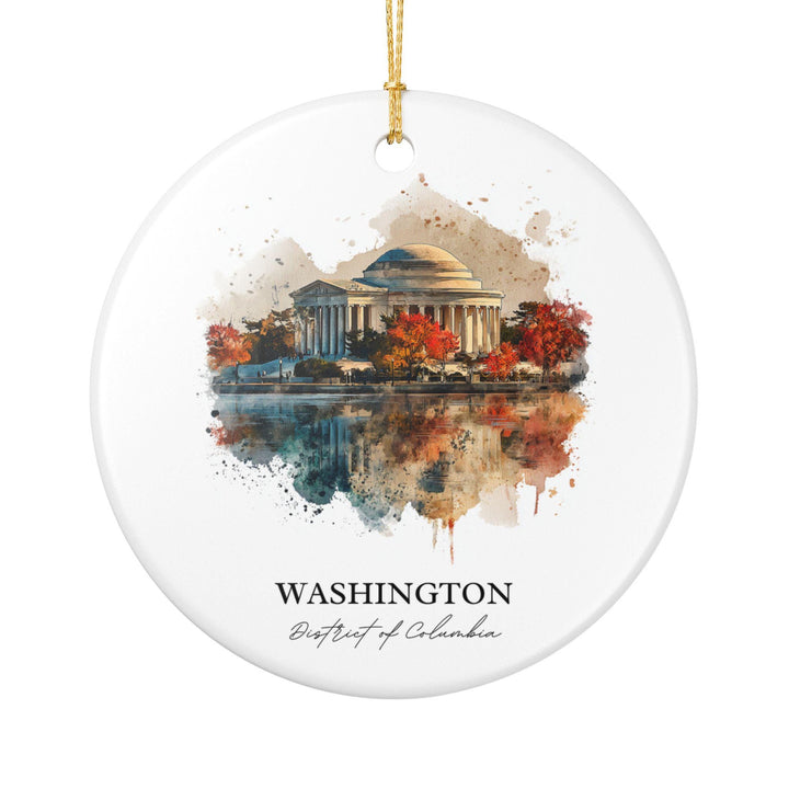 Washington District of Columbia white holiday ornament featuring the Jefferson Memorial in watercolor with colorful autumn reflections.