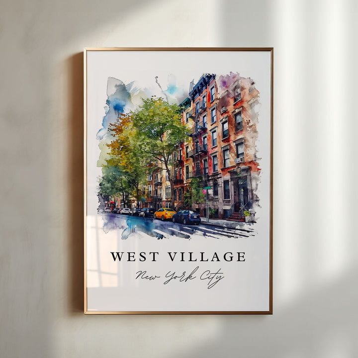 West Village New York City watercolor wall art in a gold frame featuring tree-lined streets, classic brownstones, and colorful neighborhood architecture.