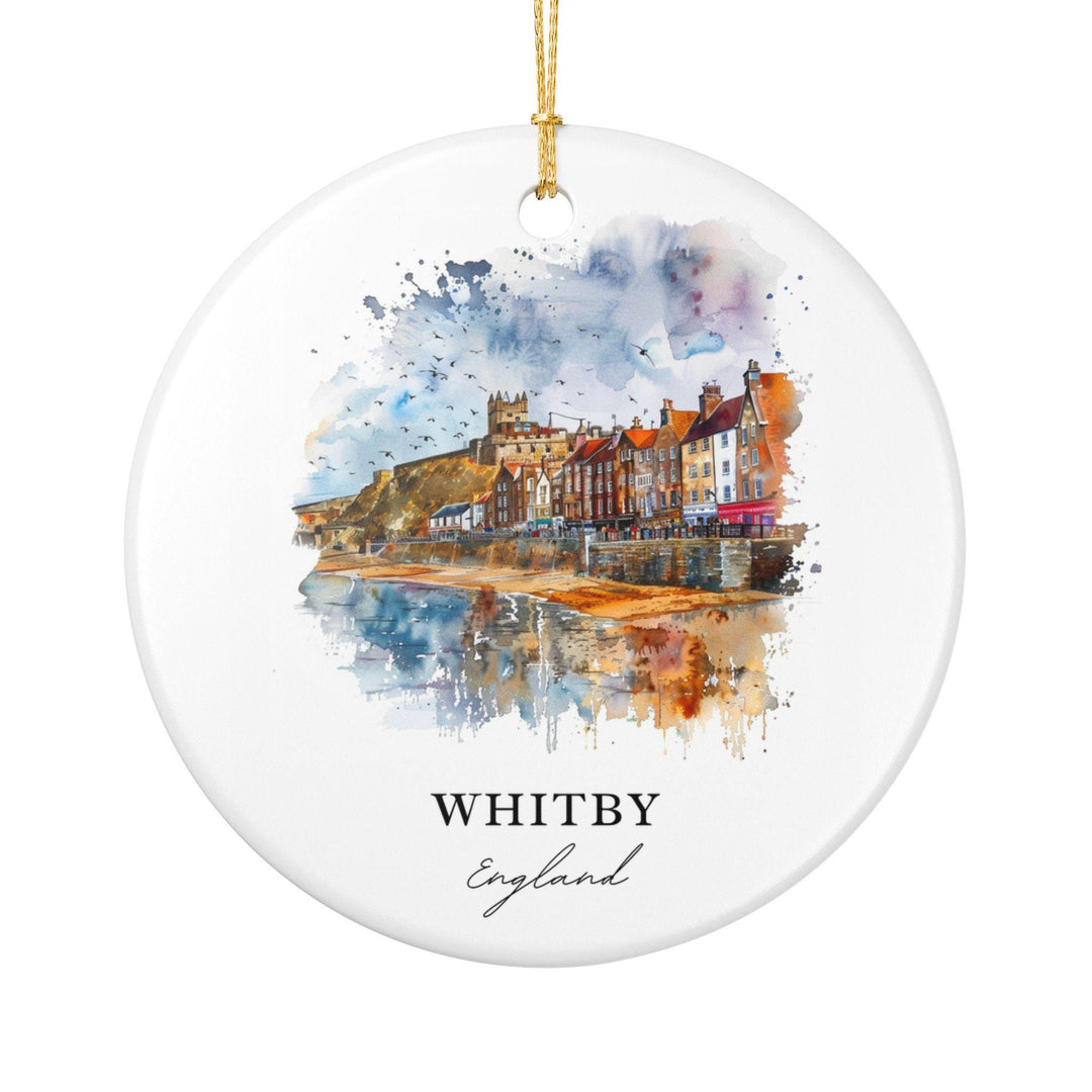 Celebrate the timeless seaside charm of Whitby with this watercolor ceramic ornament featuring the picturesque harbor, colorful waterfront buildings, and the iconic Whitby Abbey overlooking the coast. Perfect for beach lovers, history enthusiasts, travelers, and anyone who treasures England's Yorkshire coastline. A beautiful Christmas ornament or year-round keepsake that captures the character and maritime heritage of Whitby.