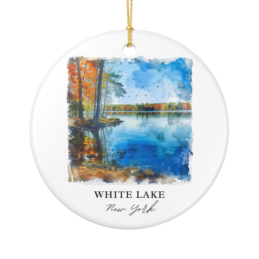 White Lake New York white holiday ornament featuring a peaceful watercolor lakeside with vibrant autumn colors and calm reflective waters.