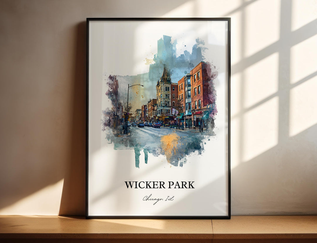 Wicker Park Chicago watercolor wall art in a black frame captures one of the city&