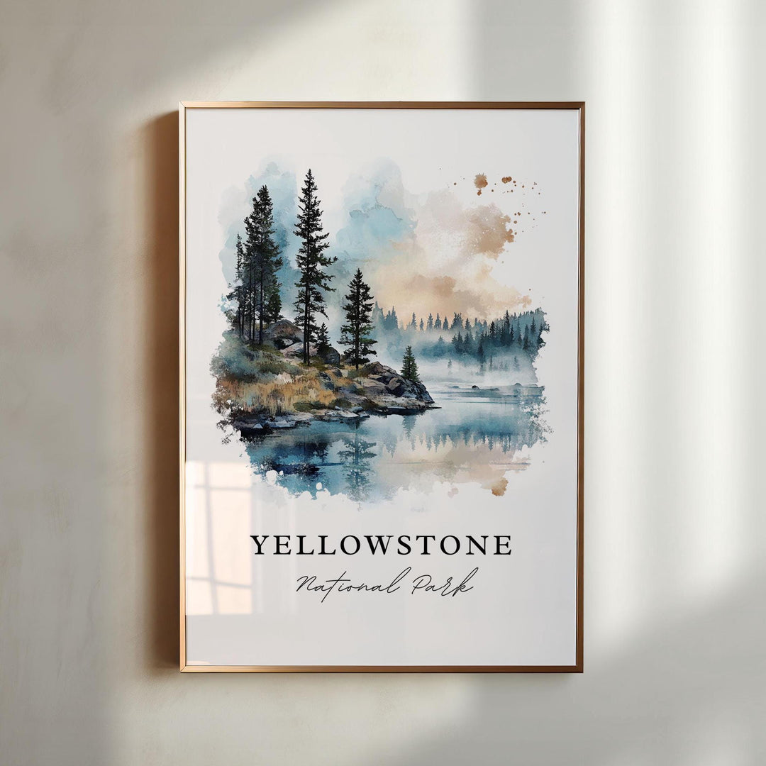 Yellowstone National Park watercolor wall art in a gold frame featuring a peaceful alpine lake, evergreen forests, and soft blue morning reflections.