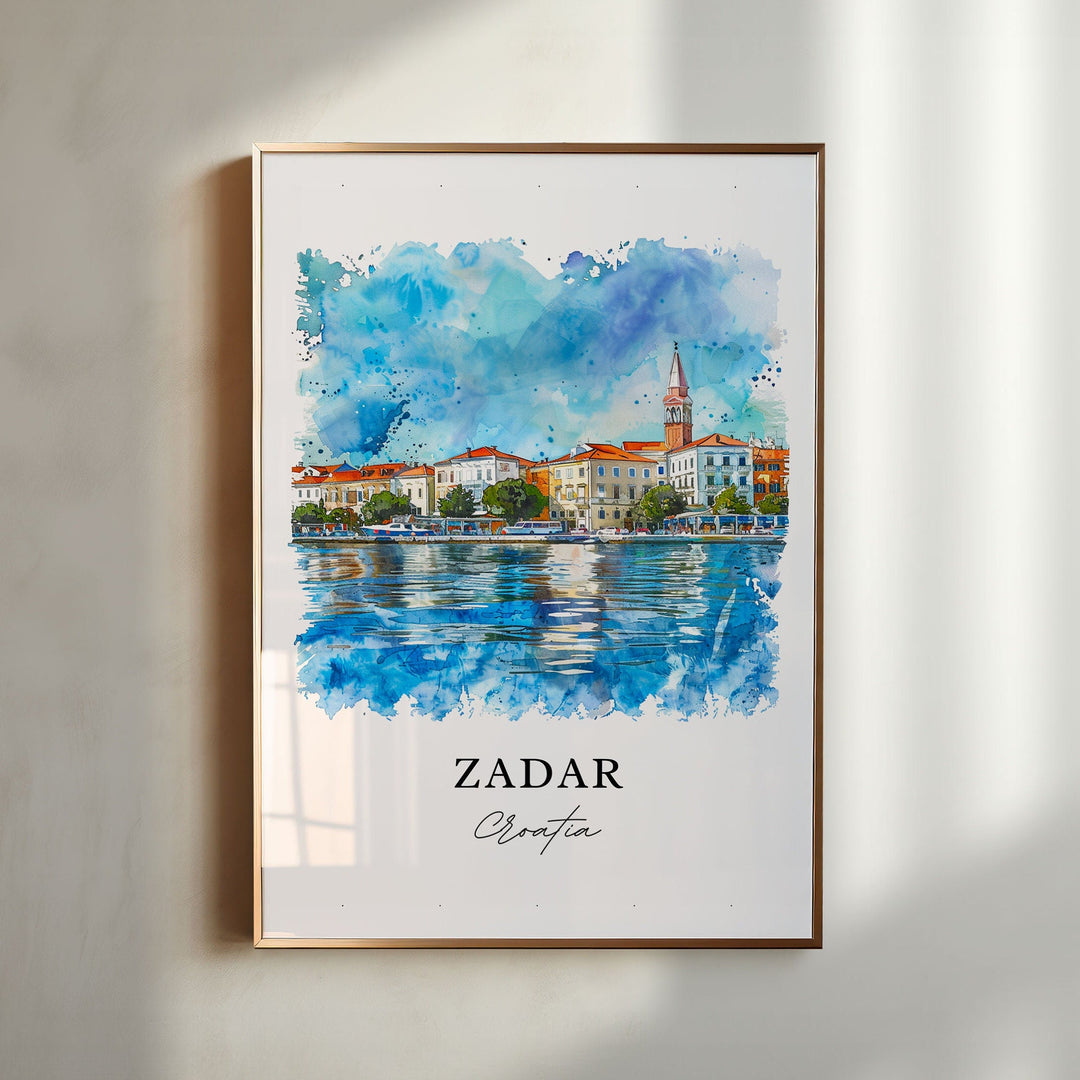 Zadar Croatia watercolor wall art in a gold frame featuring the historic waterfront, charming old town architecture, calm Adriatic waters, and vibrant blue skies.