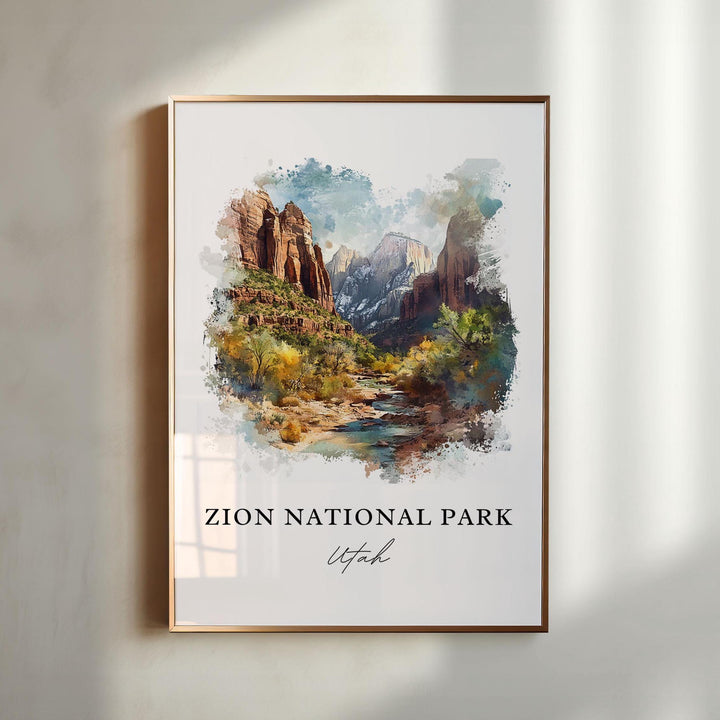 Zion National Park Utah watercolor wall art in a gold frame featuring towering red sandstone cliffs, a winding river, and vibrant desert landscape colors.