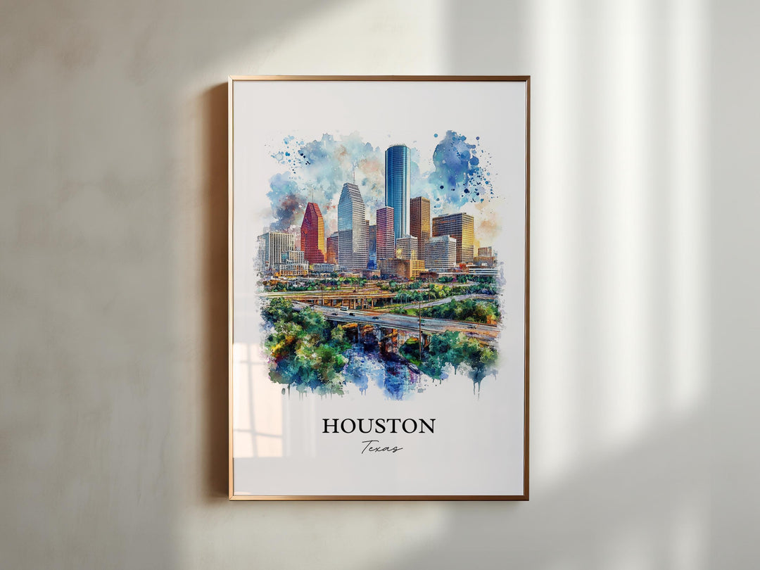 Houston TX Wall Art, Houston Print, Houston Watercolor Art, Houston Skyline Gift, Travel Print, Travel Poster, Housewarming Gift
