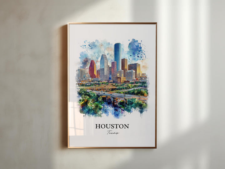 Houston TX Wall Art, Houston Print, Houston Watercolor Art, Houston Skyline Gift, Travel Print, Travel Poster, Housewarming Gift