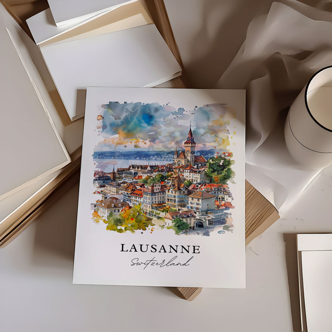 Lausanne Wall Art, Lausanne Switzerland Print, Lake Geneva Watercolor, Vaud Switzerland Gift,