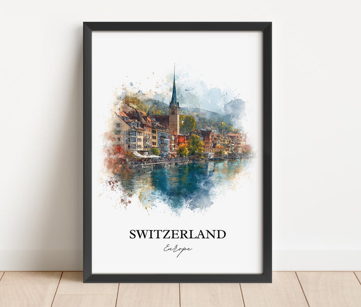 Switzerland Art, Switzerland Print, Switzerland Watercolor Art, Switzerland Country Gift, Travel Print, Travel Poster, Housewarming Gift