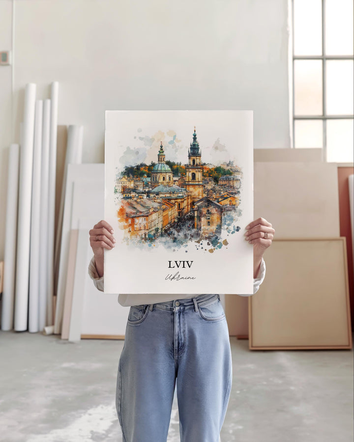 Lviv Wall Art, Lviv Skyline Print, Ukraine Watercolor Art, Lviv Ukraine Gift, Travel Print, Travel Poster, Housewarming Gift