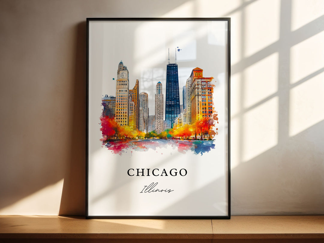 Chicago IL Wall Art, Chicago Print, Chicago Watercolor Art, Chicago Skyline Gift, Travel Print, Chicago Travel Poster, Housewarming Gift