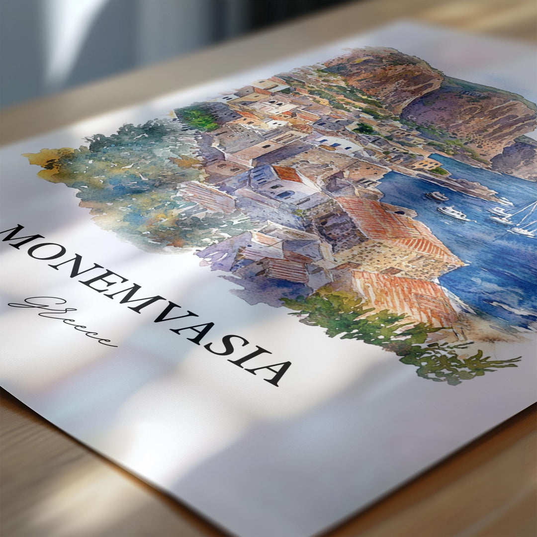 Monemvasia Wall Art, Laconia Print, Greece Watercolor Art, Monemvasia Gift, Travel Print, Travel Poster, Housewarming Gift
