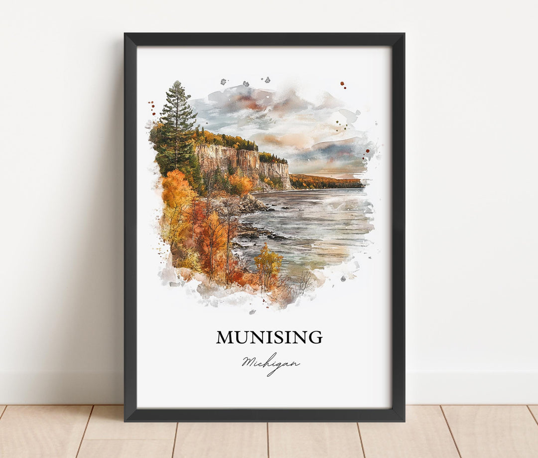 Munising MI Wall Art, Munising MI Print, Wagner Falls Watercolor Art, Munising Michigan Gift, Travel Print, Travel Poster, Housewarming Gift