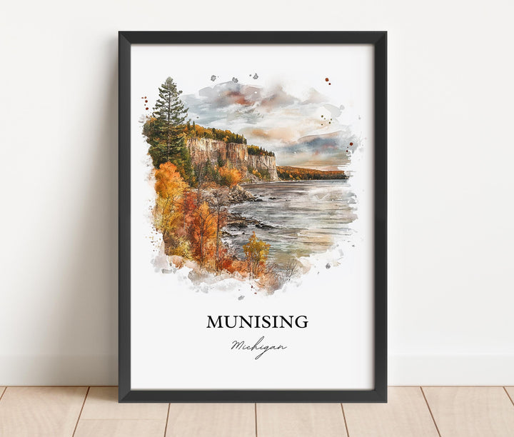 Munising MI Wall Art, Munising MI Print, Wagner Falls Watercolor Art, Munising Michigan Gift, Travel Print, Travel Poster, Housewarming Gift