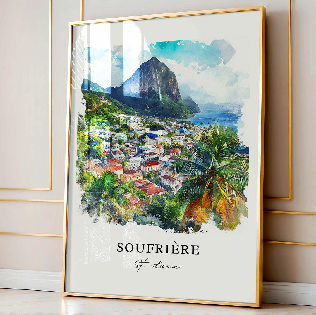 Soufriere Wall Art, Soufriere Print, St. Lucia Watercolor Art, Saint Lucia Gift, The Pitons