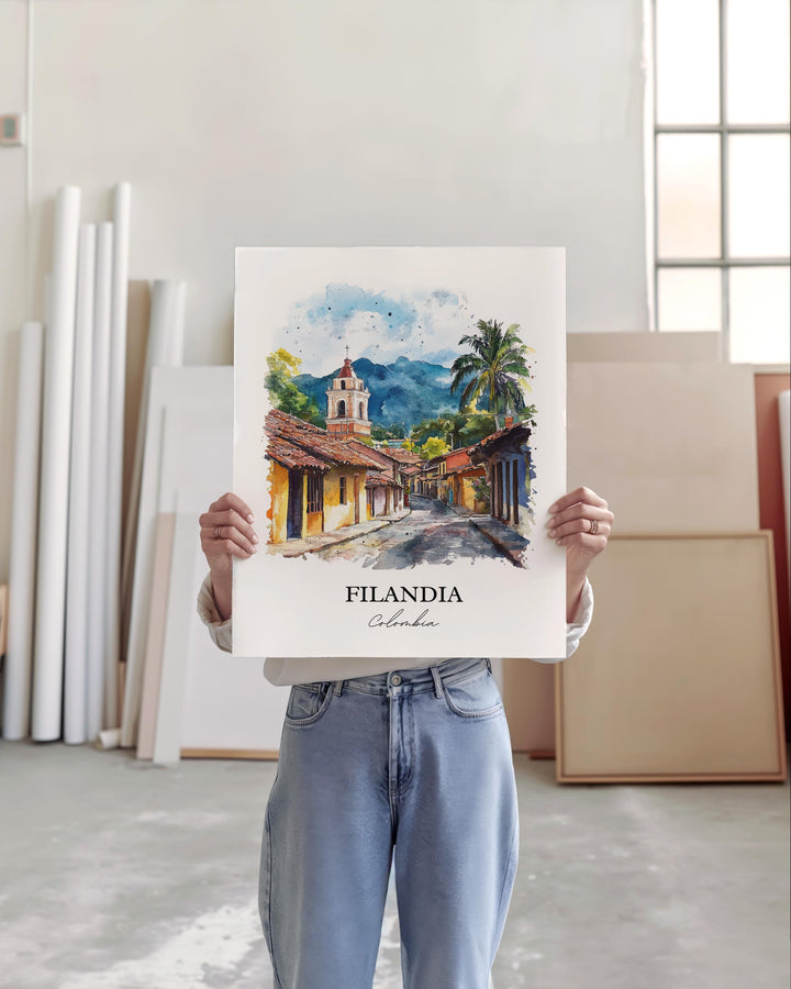 Filandia Wall Art, Quindío Print, Colombia Watercolor Art, Filandia Colombia Gift, Travel Print, Travel Poster, Housewarming Gift