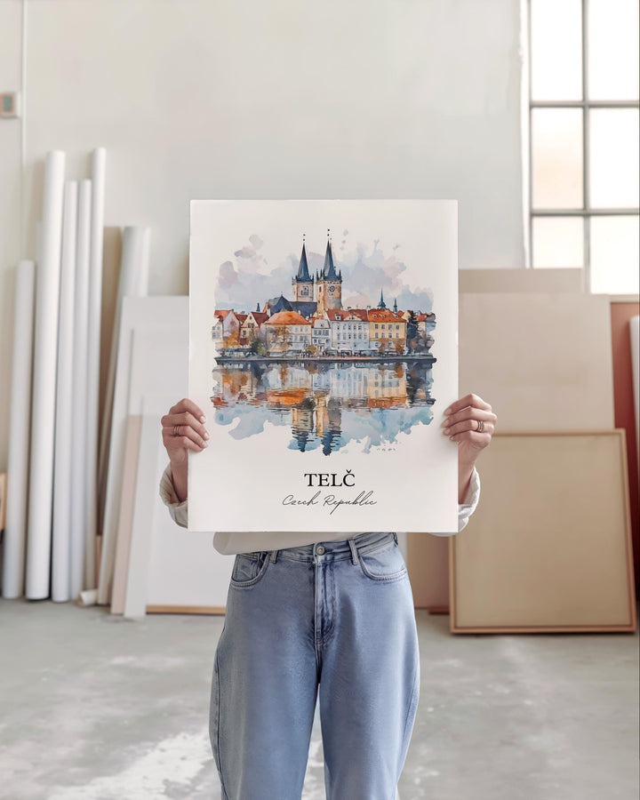 Telc Wall Art, Vysocina Region Print, Czech Republic Watercolor, Telc Czech Republic Gift, Travel Print, Travel Poster, Housewarming Gift